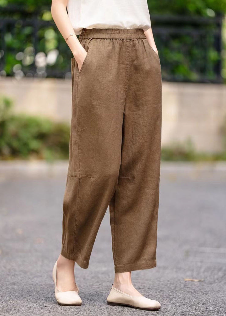 Plus Size Coffee Elastic Waist Linen Harem Pants Summer