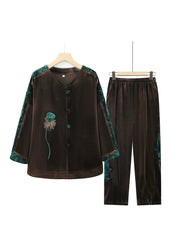 Plus Size Coffee Embroidered Patchwork Velvet Two Pieces Set Fall