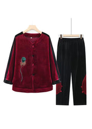 Plus Size Coffee Embroidered Patchwork Velvet Two Pieces Set Fall