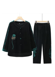 Plus Size Coffee Embroidered Patchwork Velvet Two Pieces Set Fall