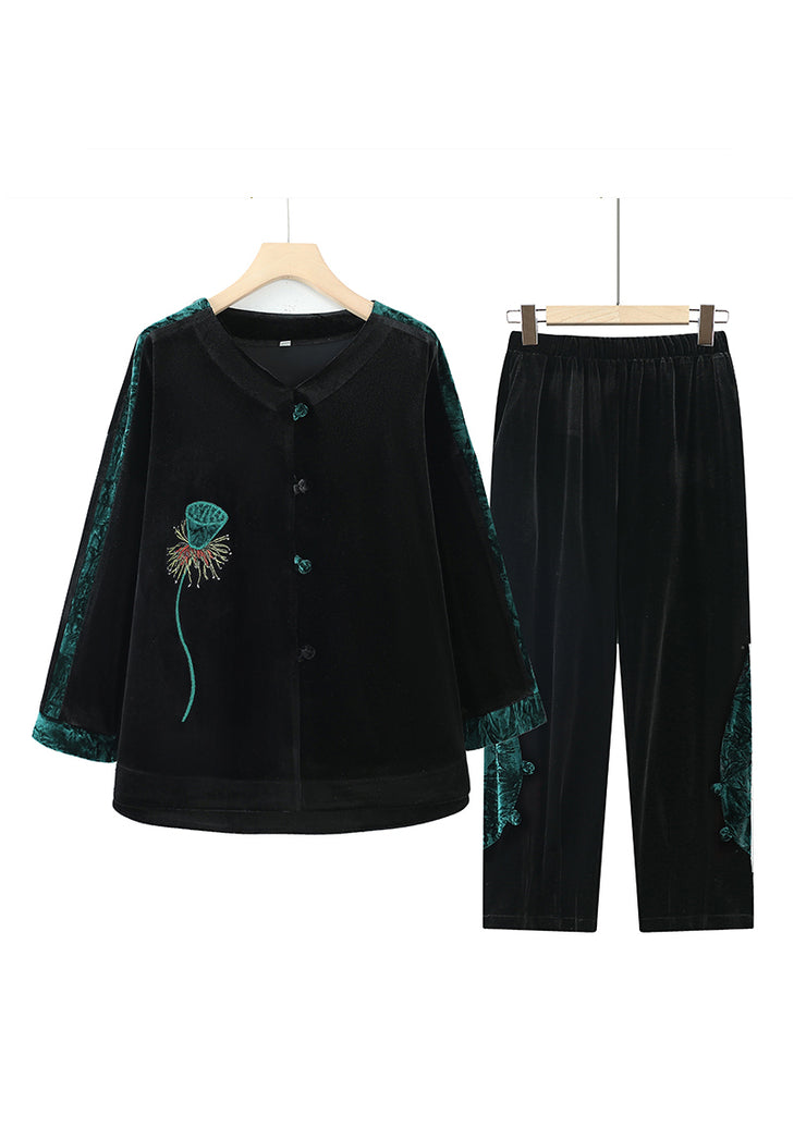Plus Size Coffee Embroidered Patchwork Velvet Two Pieces Set Fall