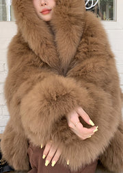 Plus Size Coffee Hooded Warm Fox Fur Trench Winter