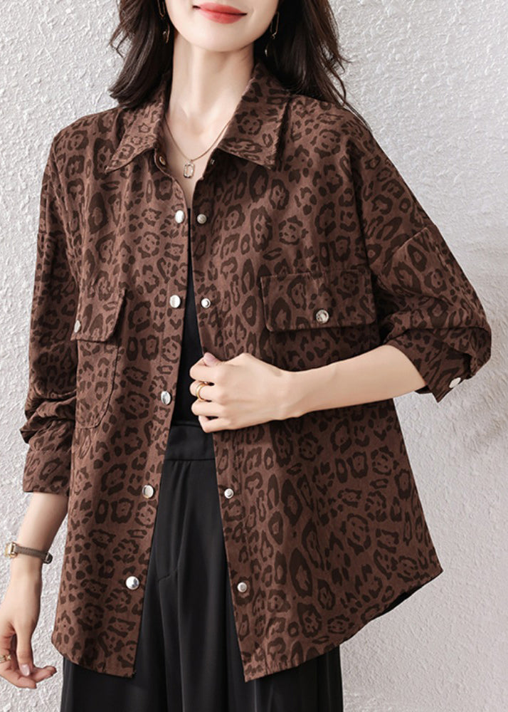 Plus Size Coffee Leopard Pockets Cotton Shirts Fall