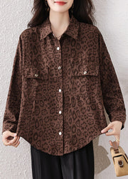 Plus Size Coffee Leopard Pockets Cotton Shirts Fall