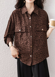 Plus Size Coffee Leopard Pockets Cotton Shirts Fall