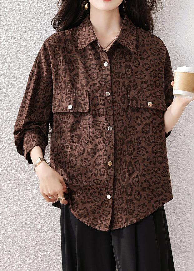 Plus Size Coffee Leopard Pockets Cotton Shirts Fall