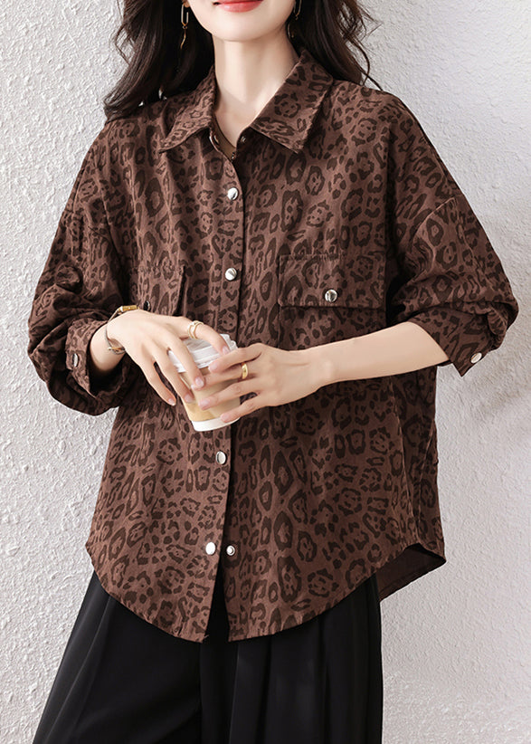 Plus Size Coffee Leopard Pockets Cotton Shirts Fall