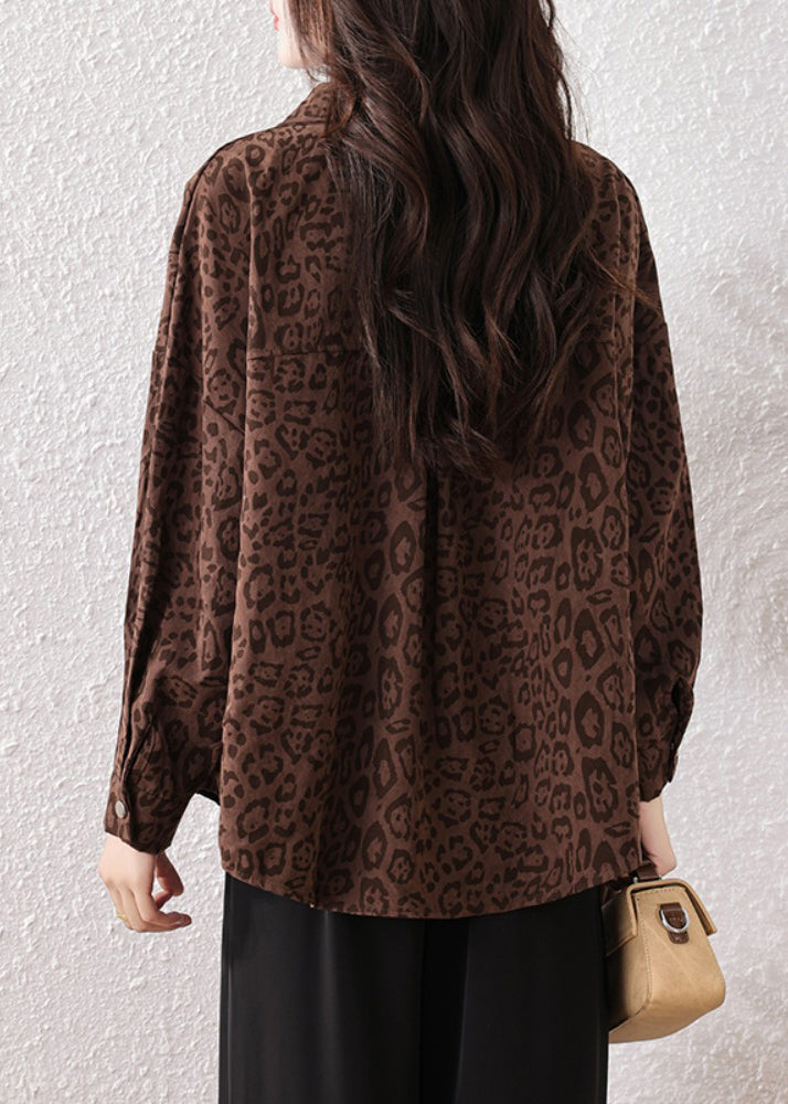 Plus Size Coffee Leopard Pockets Cotton Shirts Fall