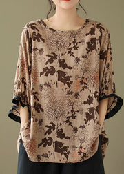 Plus Size Coffee O Neck Print Patchwork Cotton Top Summer