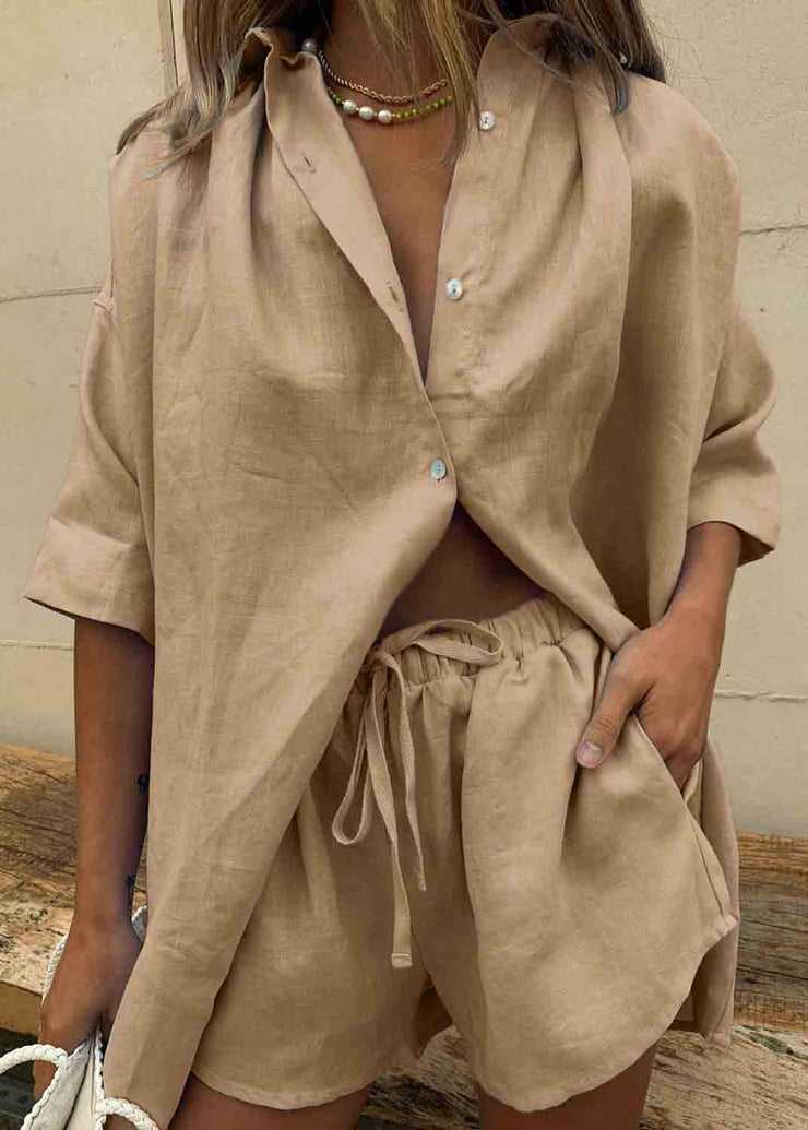 Plus Size Coffee Oversized Linen Two Pieces Set Summer