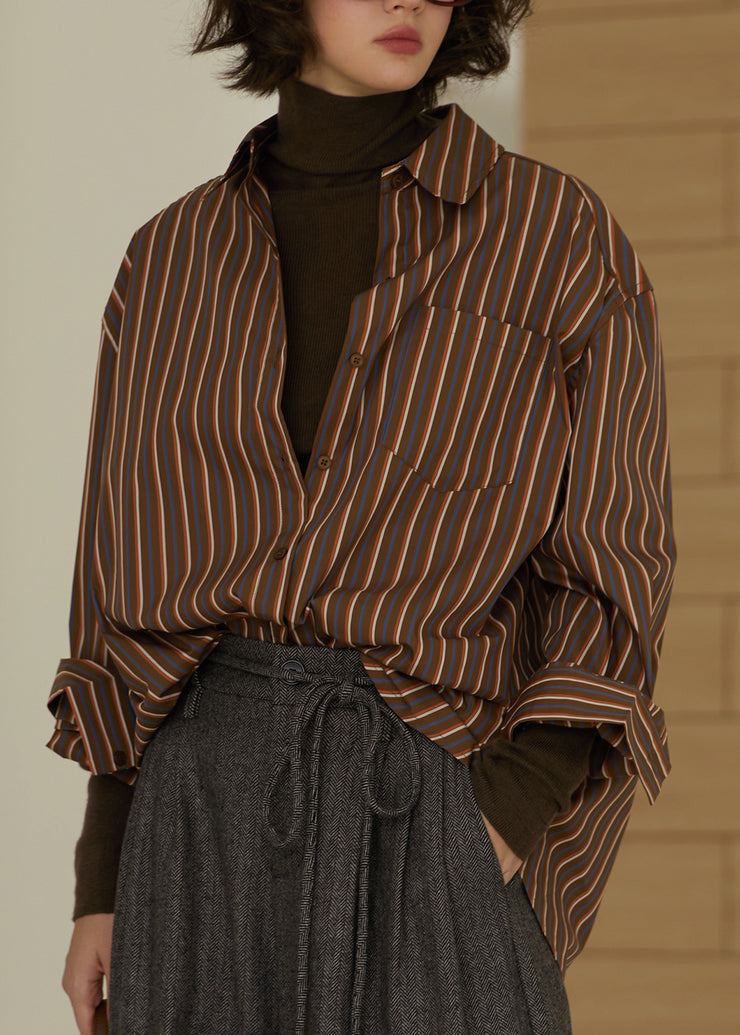 Plus Size Coffee Peter Pan Collar Striped Cotton Shirt Top Fall