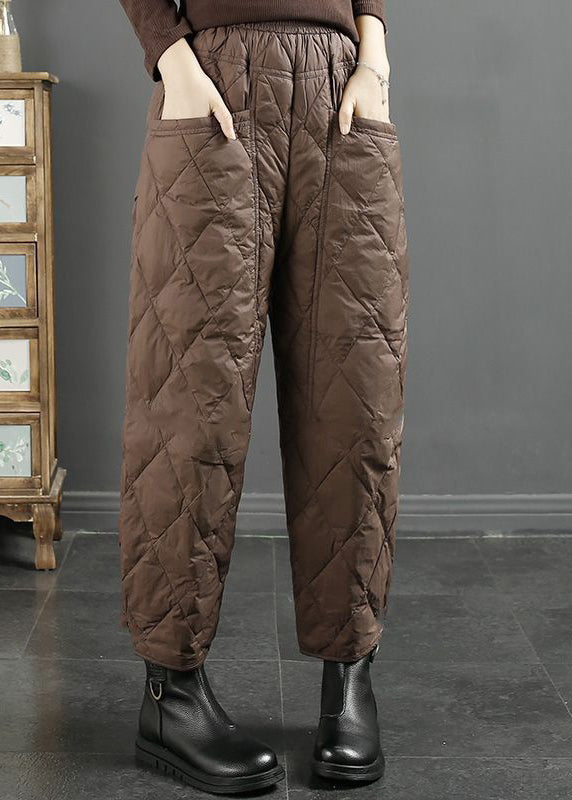 Plus Size Coffee Pockets Fine Cotton Filled Crop Pants Winter