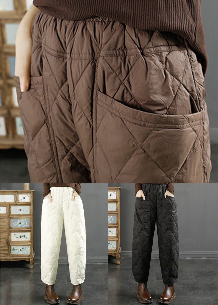 Plus Size Coffee Pockets Fine Cotton Filled Crop Pants Winter
