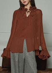 Plus Size Coffee Ruffled Lace Up Silk Cotton Shirts Fall