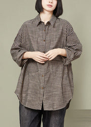 Plus Size grey Striped Button Cotton Blouse Tops Fall