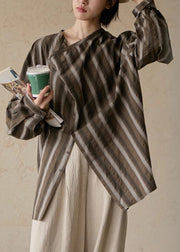 Plus Size Coffee Striped Button Cotton Blouses Fall