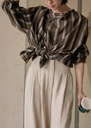 Plus Size Coffee Striped Button Cotton Blouses Fall