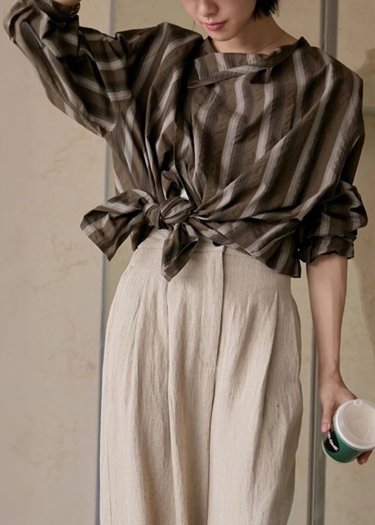 Plus Size Coffee Striped Button Cotton Blouses Fall