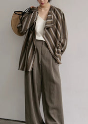 Plus Size Coffee Striped Button Cotton Blouses Fall