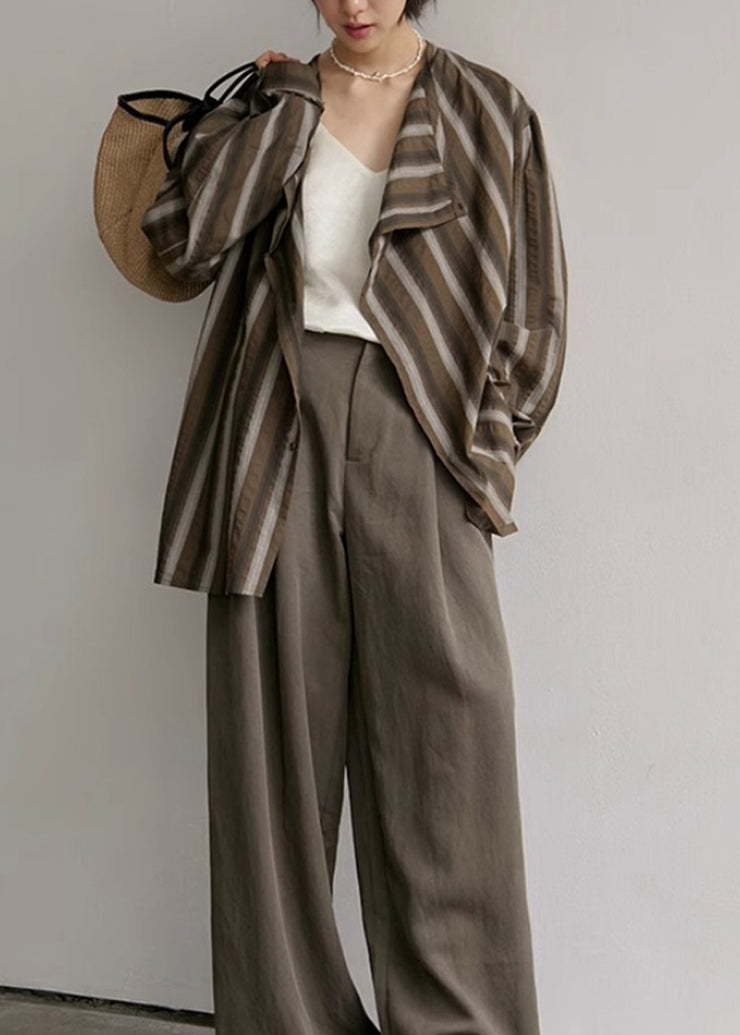 Plus Size Coffee Striped Button Cotton Blouses Fall