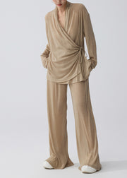 Plus Size Coffee Tie Waist Side Knit Two Pieces Set Summer