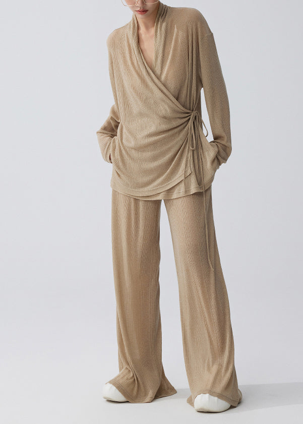 Plus Size Coffee Tie Waist Side Knit Two Pieces Set Summer