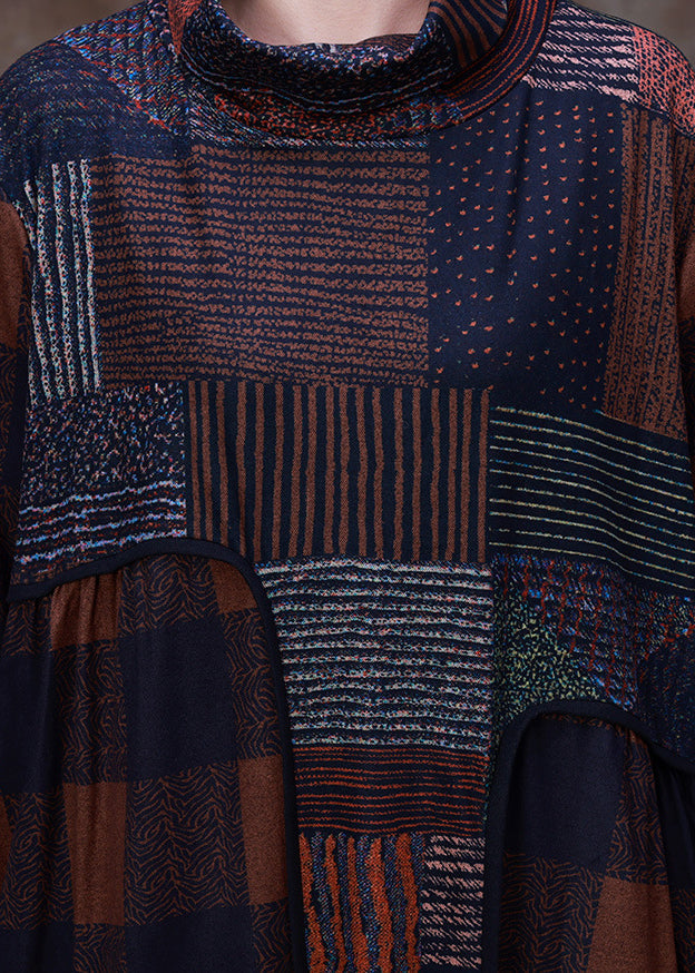 Plus Size Chocolate Turtleneck Plaid Patchwork Velour Maxi Dress Long Sleeve