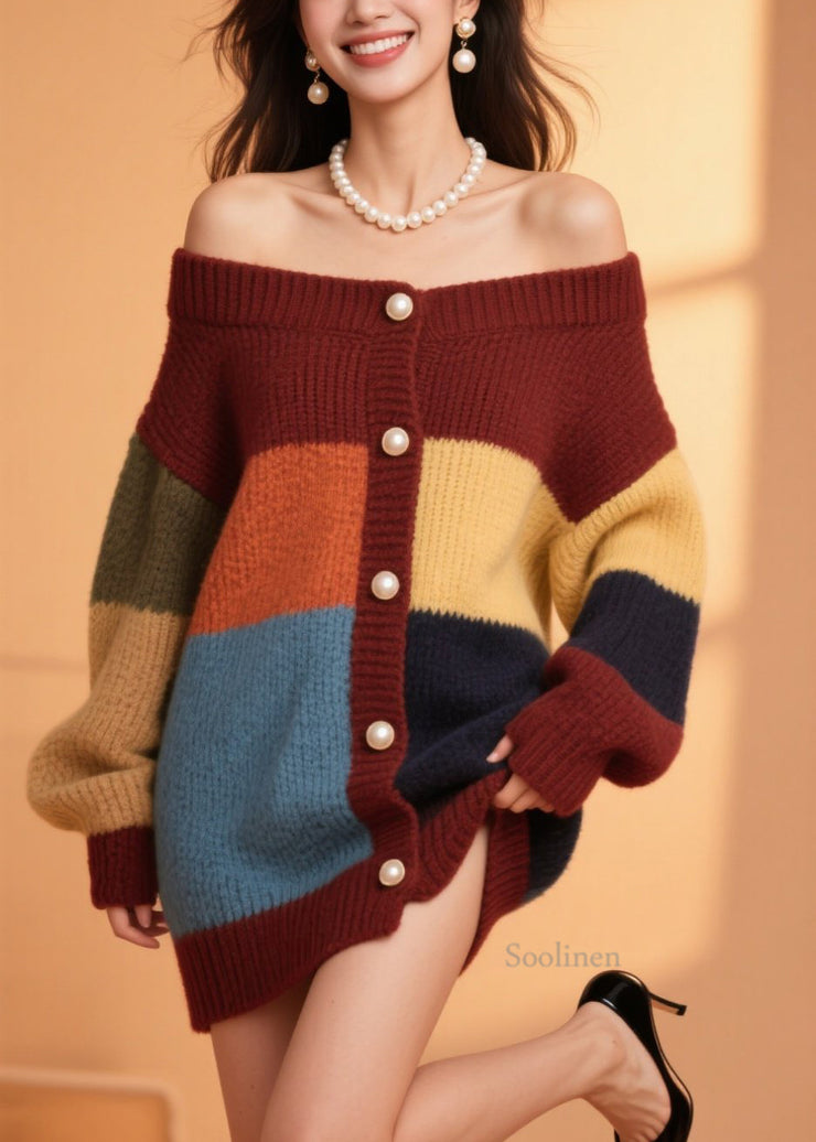 Plus Size Colorblock Button Knit Cardigans Fall
