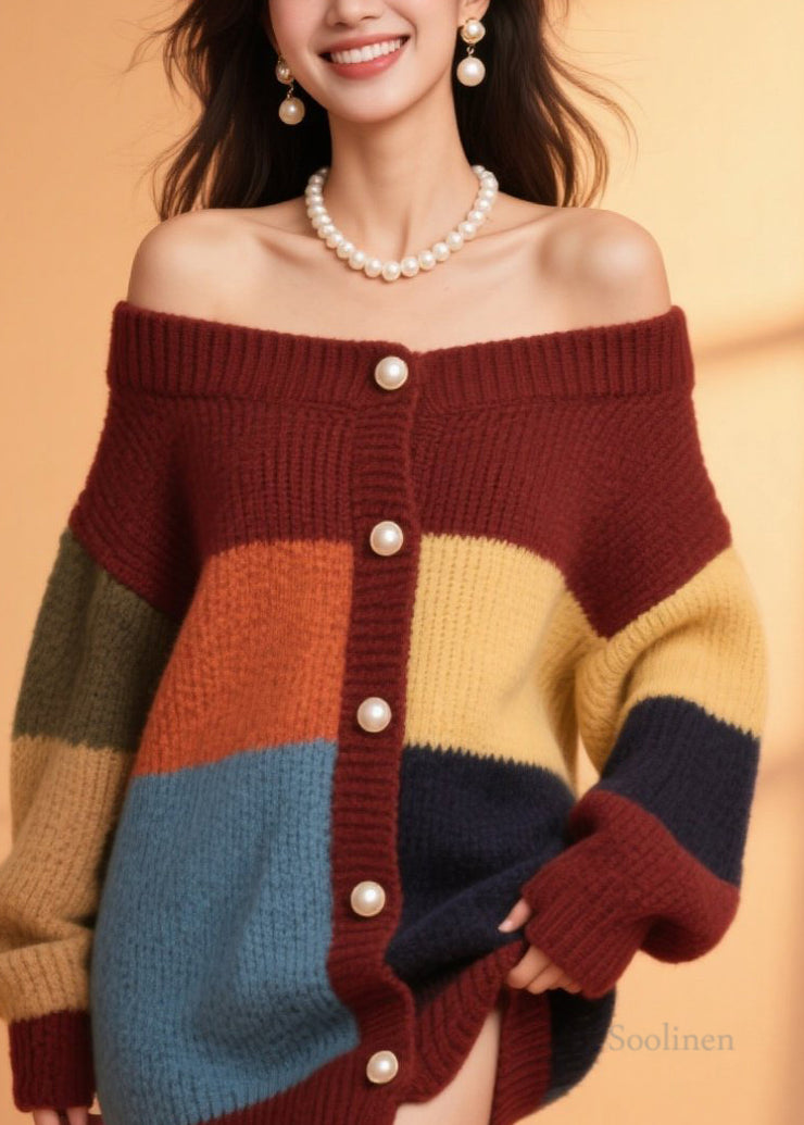 Plus Size Colorblock Button Knit Cardigans Fall