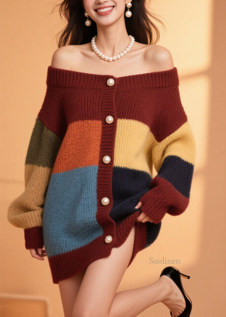 Plus Size Colorblock Button Knit Cardigans Fall