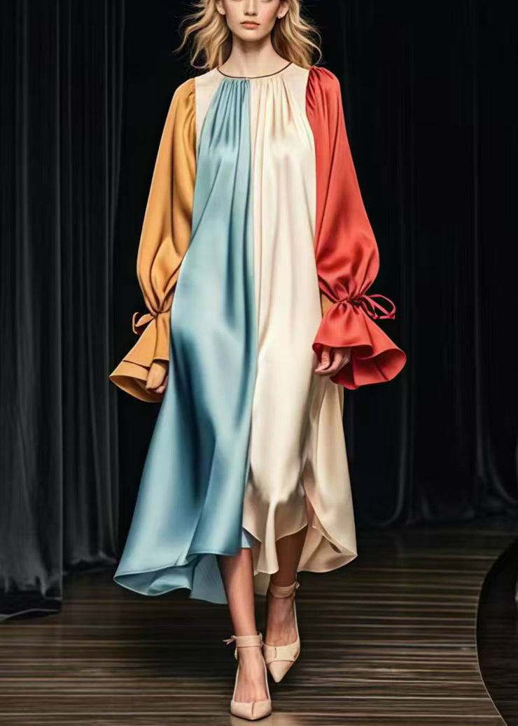 Plus Size Colorblock Oversized Patchwork Silk Long Dress Flare Sleeve