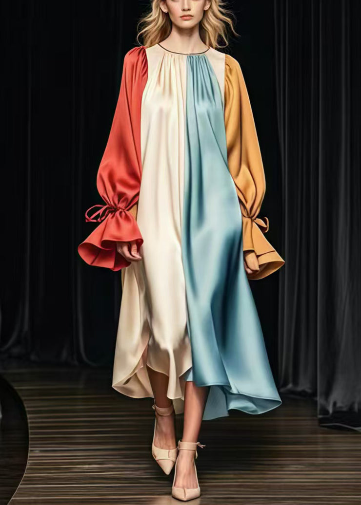 Plus Size Colorblock Oversized Patchwork Silk Long Dress Flare Sleeve