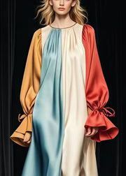 Plus Size Colorblock Oversized Patchwork Silk Long Dress Flare Sleeve