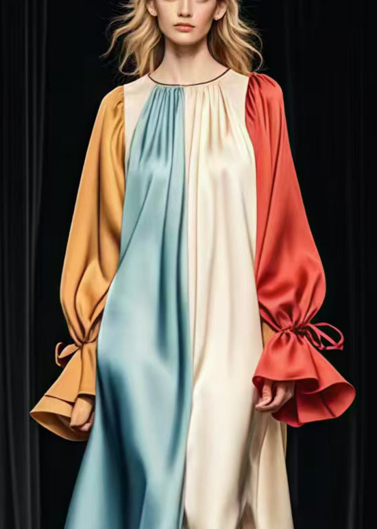 Plus Size Colorblock Oversized Patchwork Silk Long Dress Flare Sleeve
