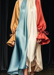 Plus Size Colorblock Oversized Patchwork Silk Long Dress Flare Sleeve