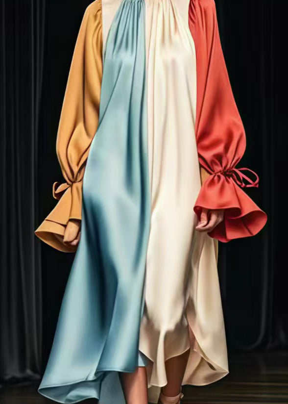 Plus Size Colorblock Oversized Patchwork Silk Long Dress Flare Sleeve