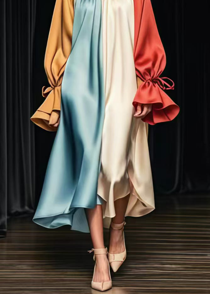 Plus Size Colorblock Oversized Patchwork Silk Long Dress Flare Sleeve