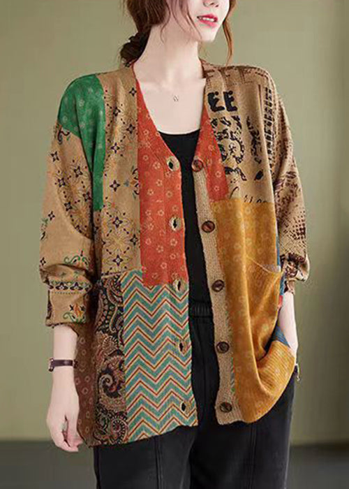 Plus Size Colorblock V Neck Button Knitting Cotton Coat Fall – SooLinen