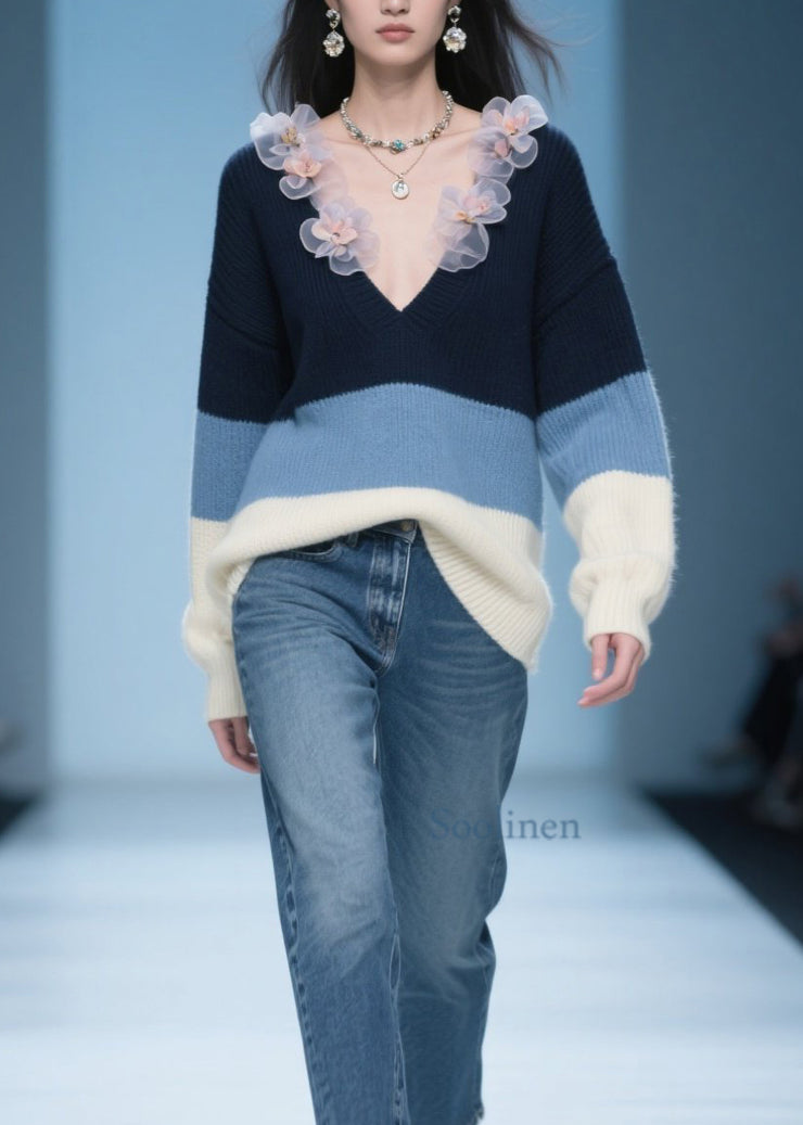 Plus Size Colorblock V Neck Floral Knit Sweater Fall