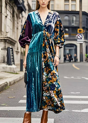 Plus Size Colorblock V Neck Patchwork Silk Velvet Maxi Dresses Spring