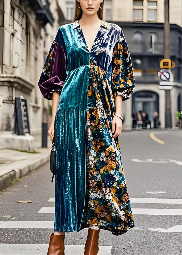 Plus Size Colorblock V Neck Patchwork Silk Velvet Maxi Dresses Spring