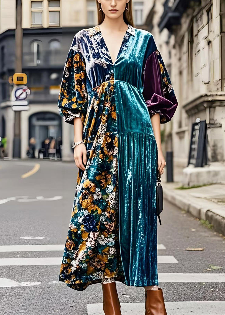 Plus Size Colorblock V Neck Patchwork Silk Velvet Maxi Dresses Spring