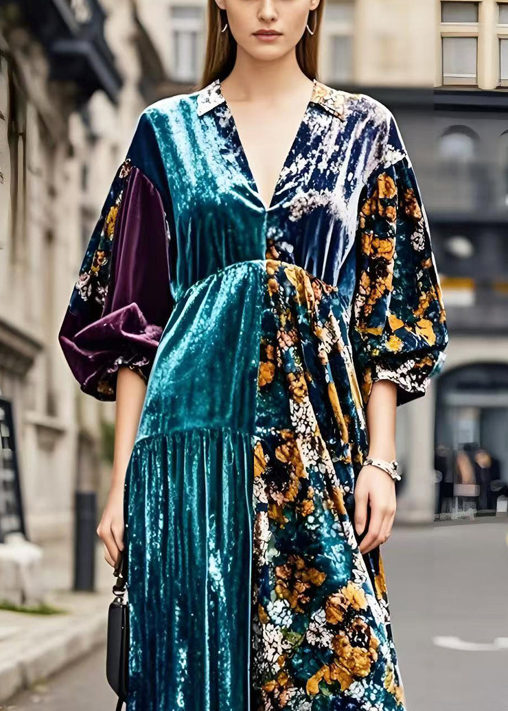 Plus Size Colorblock V Neck Patchwork Silk Velvet Maxi Dresses Spring