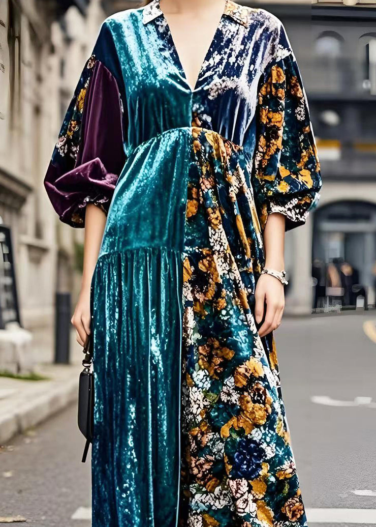 Plus Size Colorblock V Neck Patchwork Silk Velvet Maxi Dresses Spring