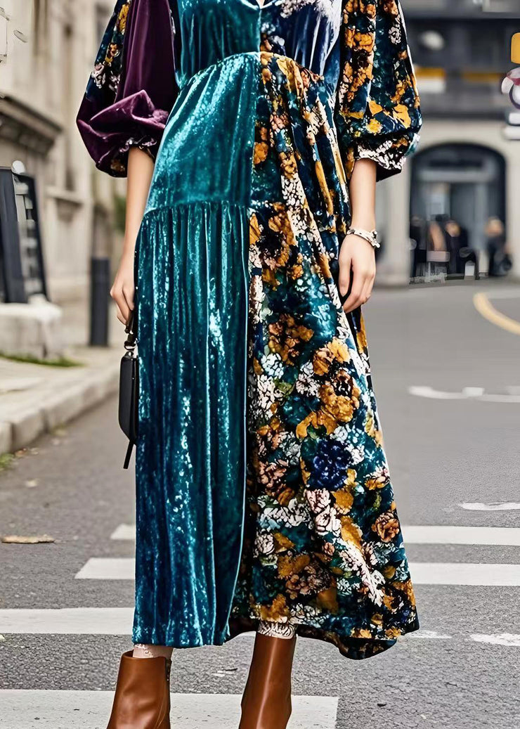 Plus Size Colorblock V Neck Patchwork Silk Velvet Maxi Dresses Spring