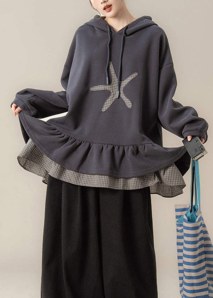 Plus Size Dark Grey False Two Pieces Patchwork Hooded Cotton Sweatshirts Fall