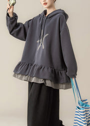 Plus Size Dark Grey False Two Pieces Patchwork Hooded Cotton Sweatshirts Fall