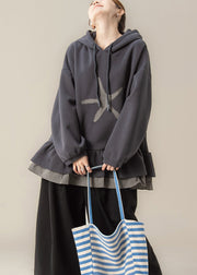 Plus Size Dark Grey False Two Pieces Patchwork Hooded Cotton Sweatshirts Fall