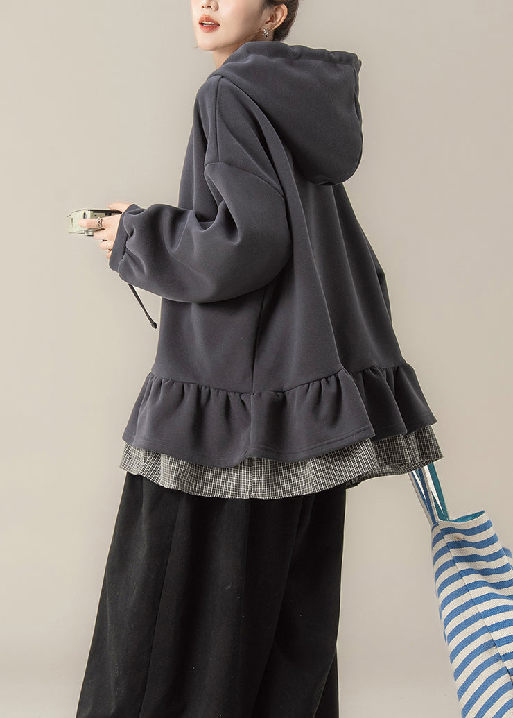 Plus Size Dark Grey False Two Pieces Patchwork Hooded Cotton Sweatshirts Fall