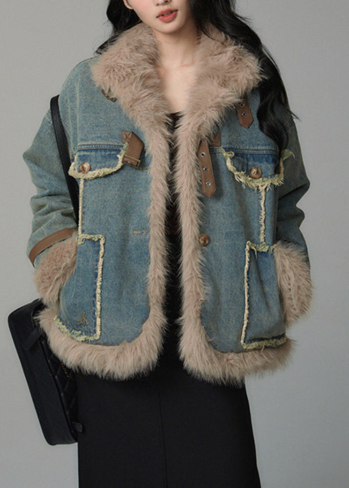 Plus Size Denim Blue Fluffy Pockets Patchwork Cotton Filled Parkas Winter